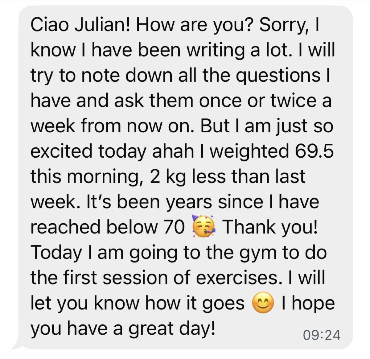 Original message about a personal weight milestone